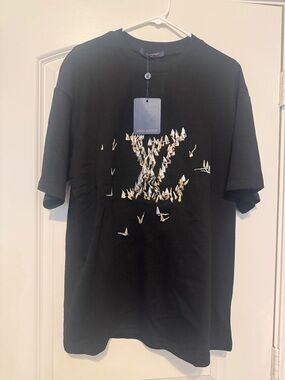 Louis Vuitton Black Tee with Metallic Cream Embroidered LV Motif